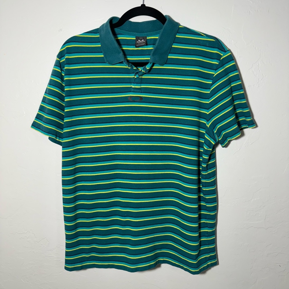 Oakley Polo Shirt Mens Size Large Green Yellow Striped Short Sleeve Regular Fit